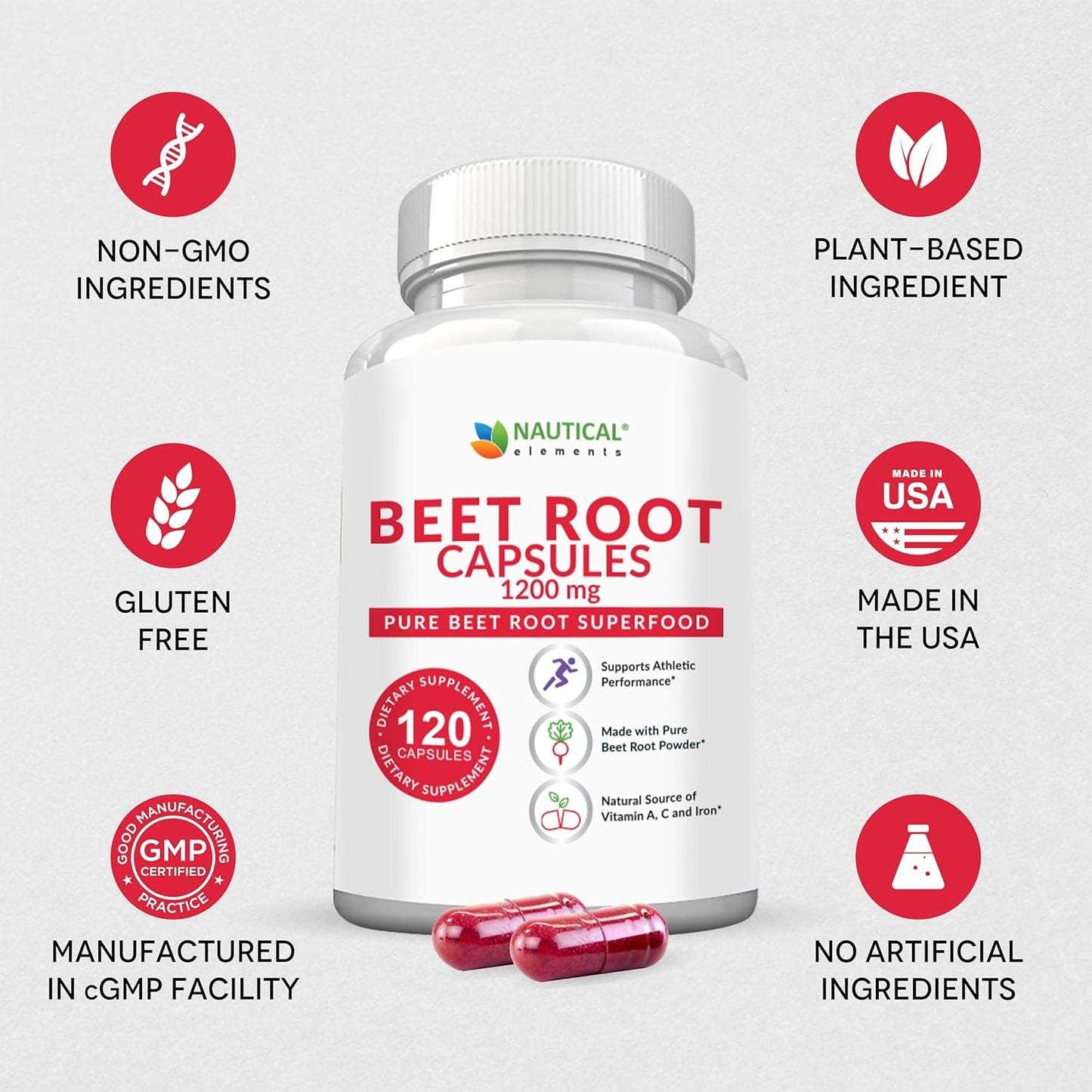 1200mg Nautical Elements Beet Root Capsules - Supports Blood Pressure, Athletic Performance, Immune System - 120 Capsules - Pure, Non-GMO, Gluten Free.