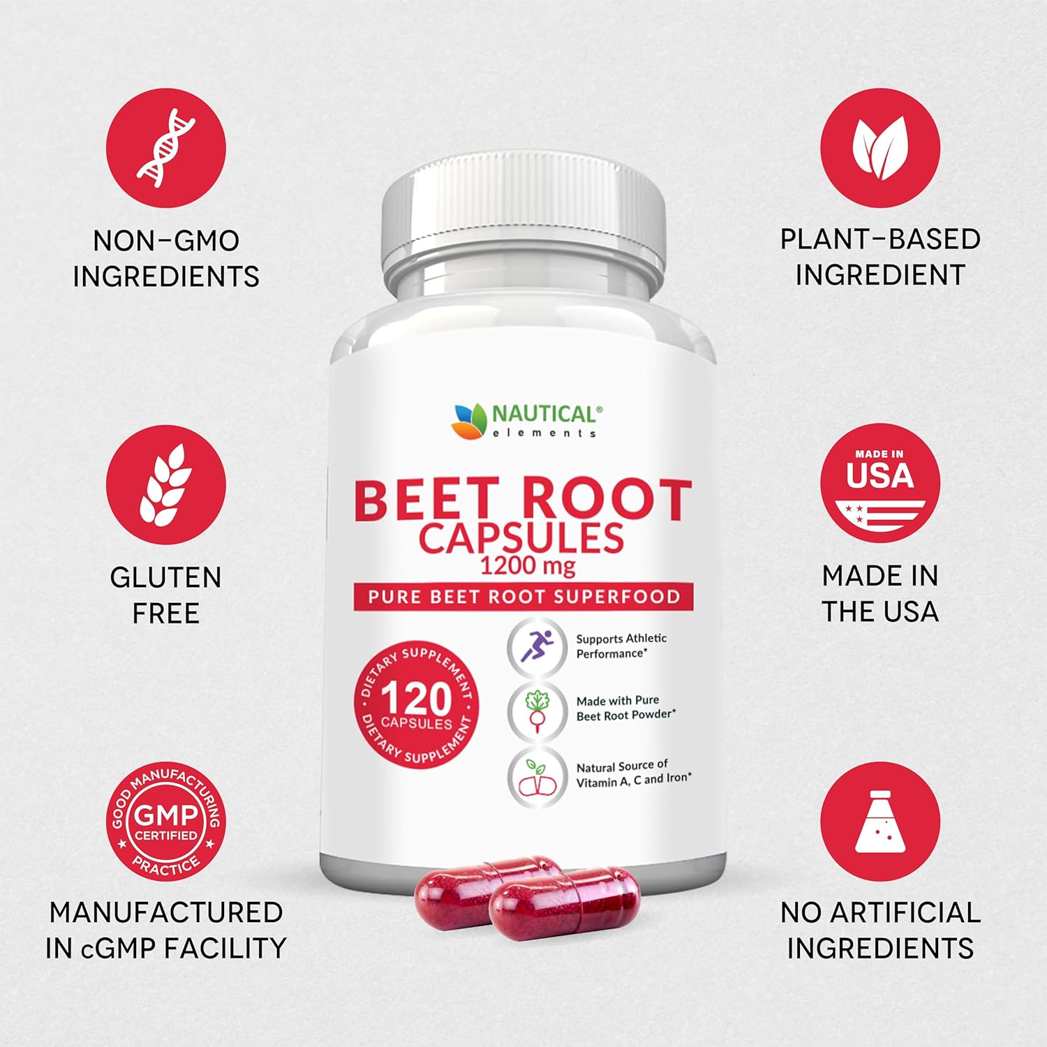 1200mg Nautical Elements Beet Root Capsules - Supports Blood Pressure, Athletic Performance, Immune System - 120 Capsules - Pure, Non-GMO, Gluten Free.