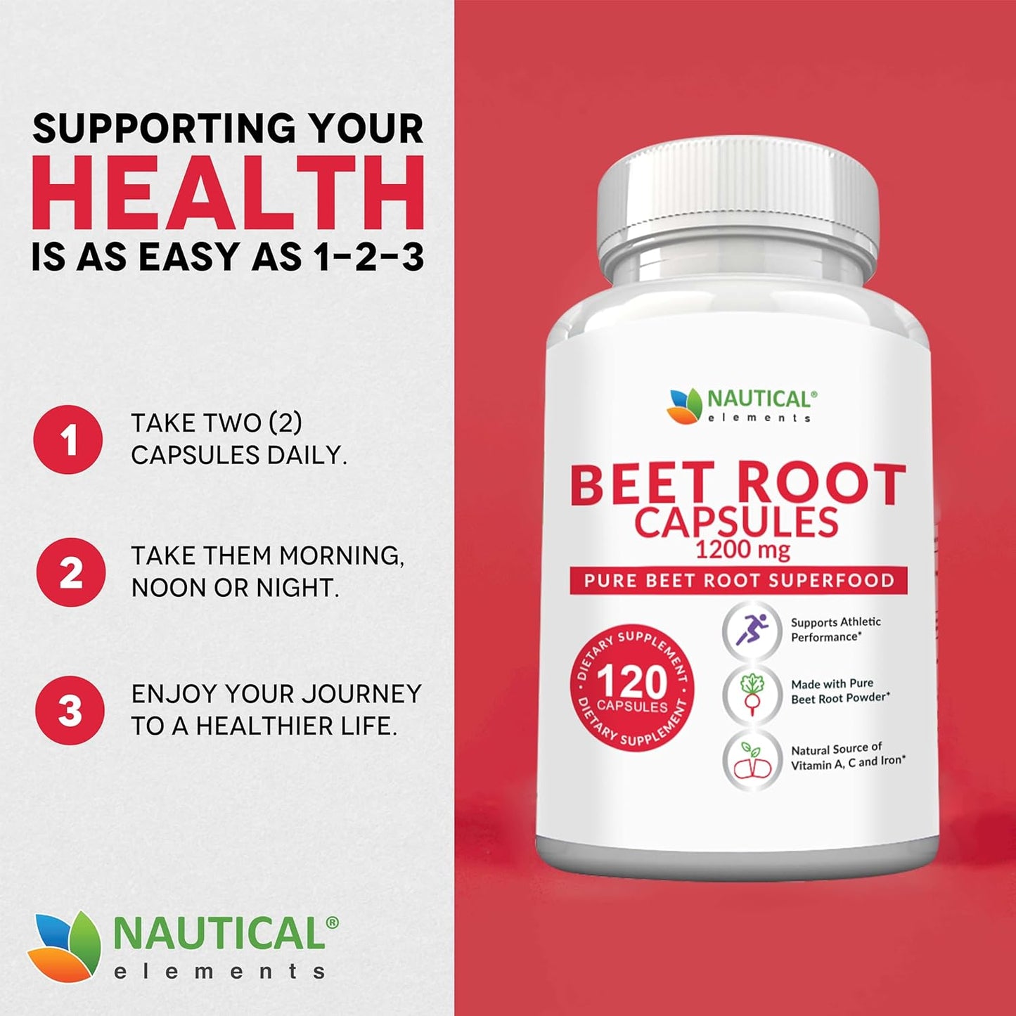 1200mg Nautical Elements Beet Root Capsules - Supports Blood Pressure, Athletic Performance, Immune System - 120 Capsules - Pure, Non-GMO, Gluten Free.