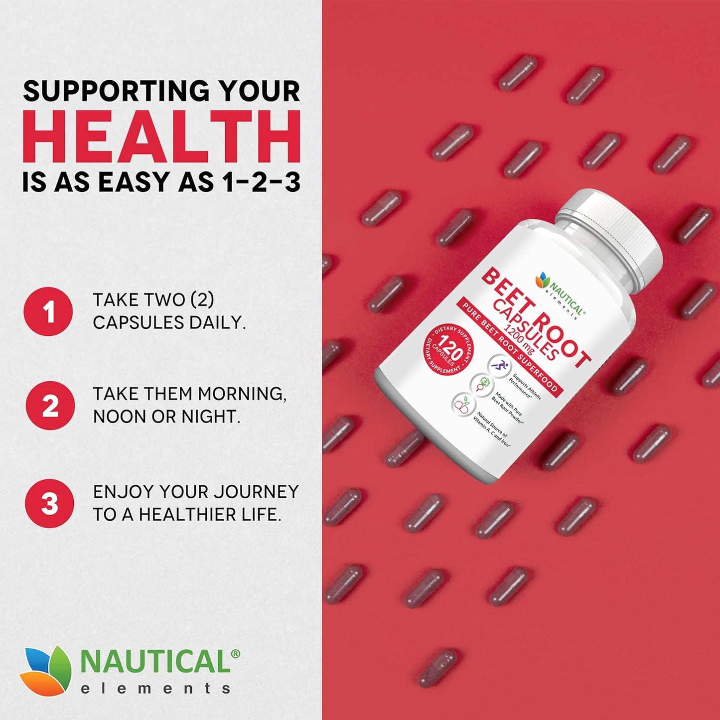 1200mg Nautical Elements Beet Root Capsules - Supports Blood Pressure, Athletic Performance, Immune System - 120 Capsules - Pure, Non-GMO, Gluten Free.