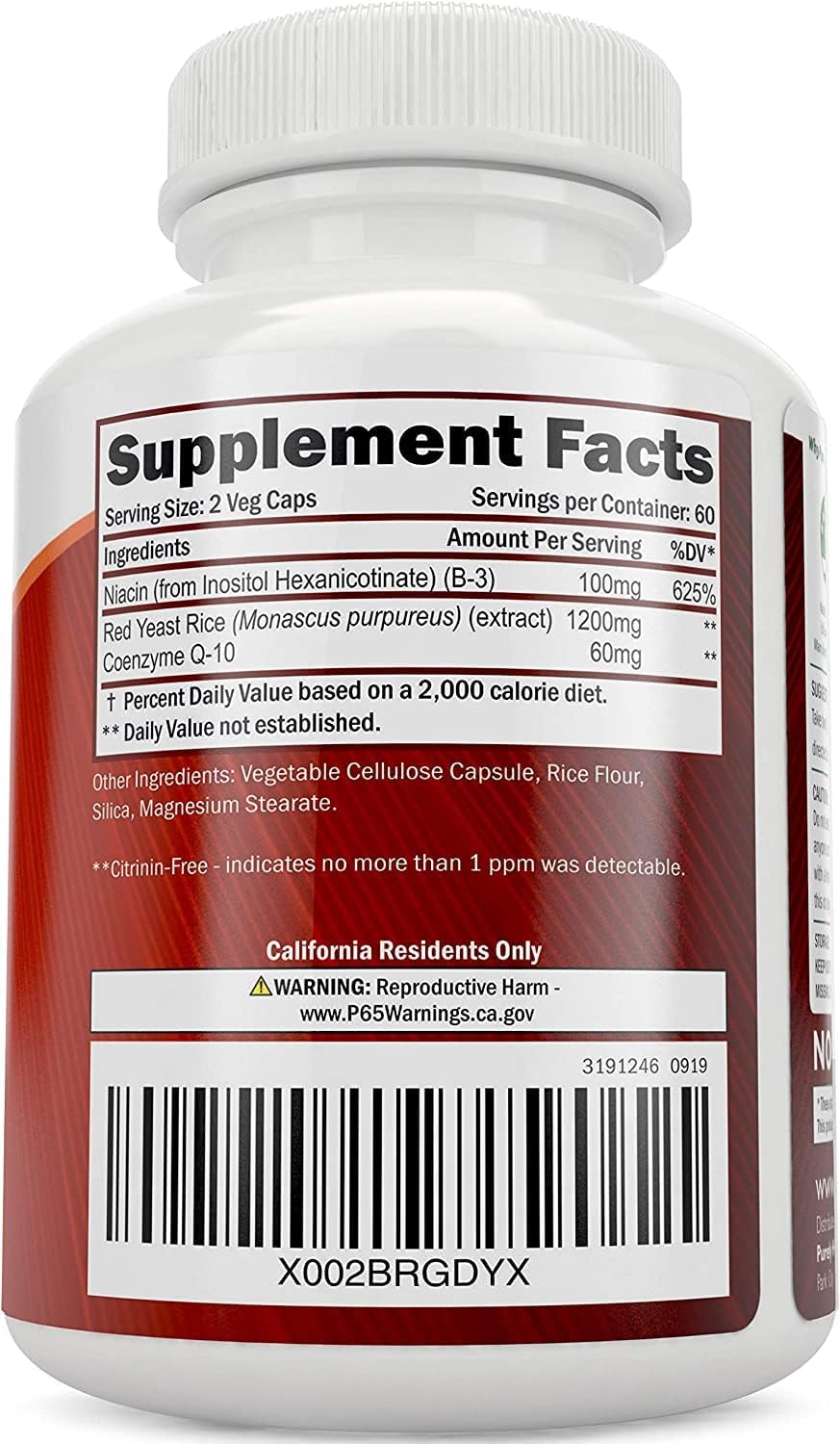 1200mg Red Yeast Rice with CoQ10 & Niacin Capsules - 120 Vegetarian, Non-Irradiated, Citrinin-Free