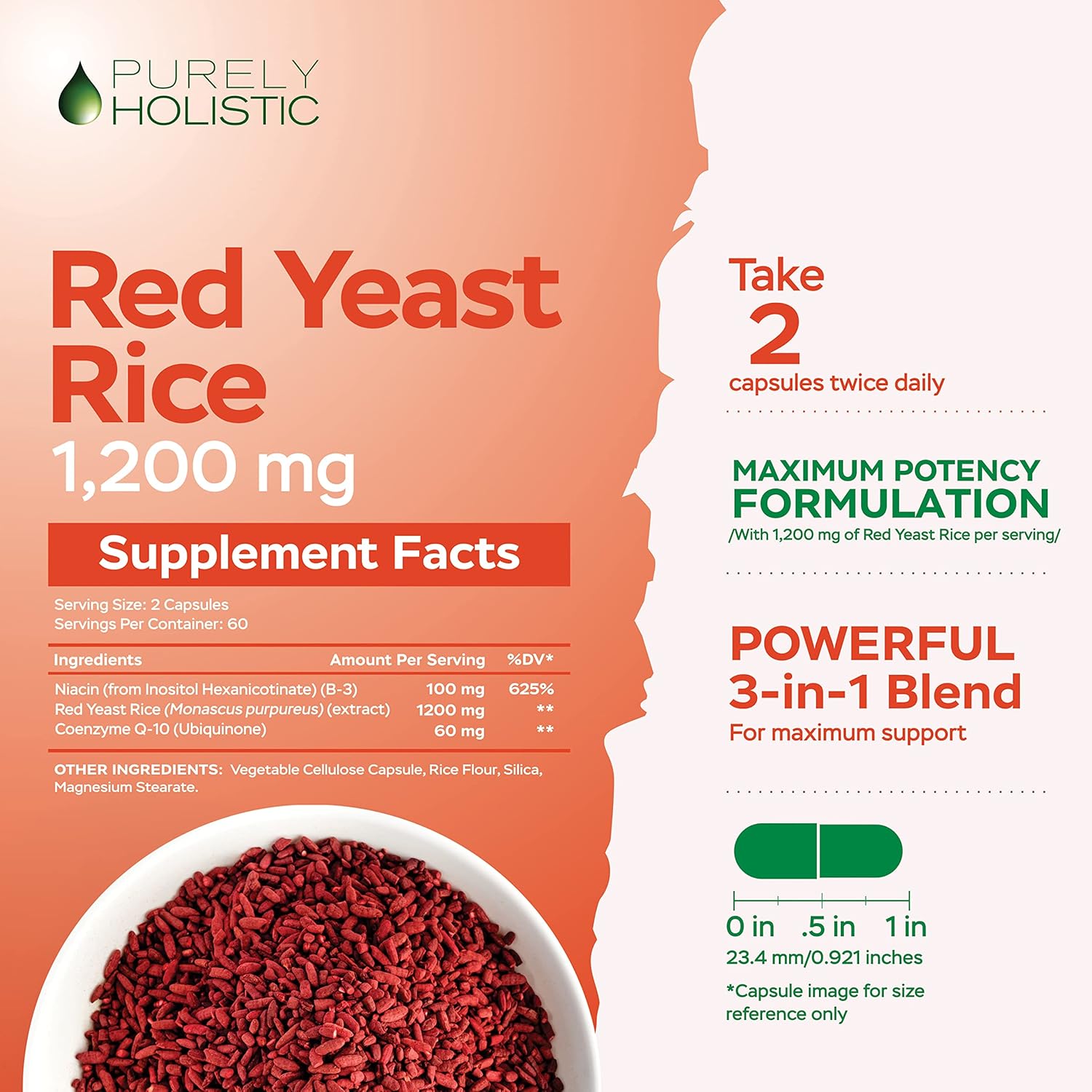 1200mg Red Yeast Rice with CoQ10 & Niacin Capsules - 120 Vegetarian, Non-Irradiated, Citrinin-Free