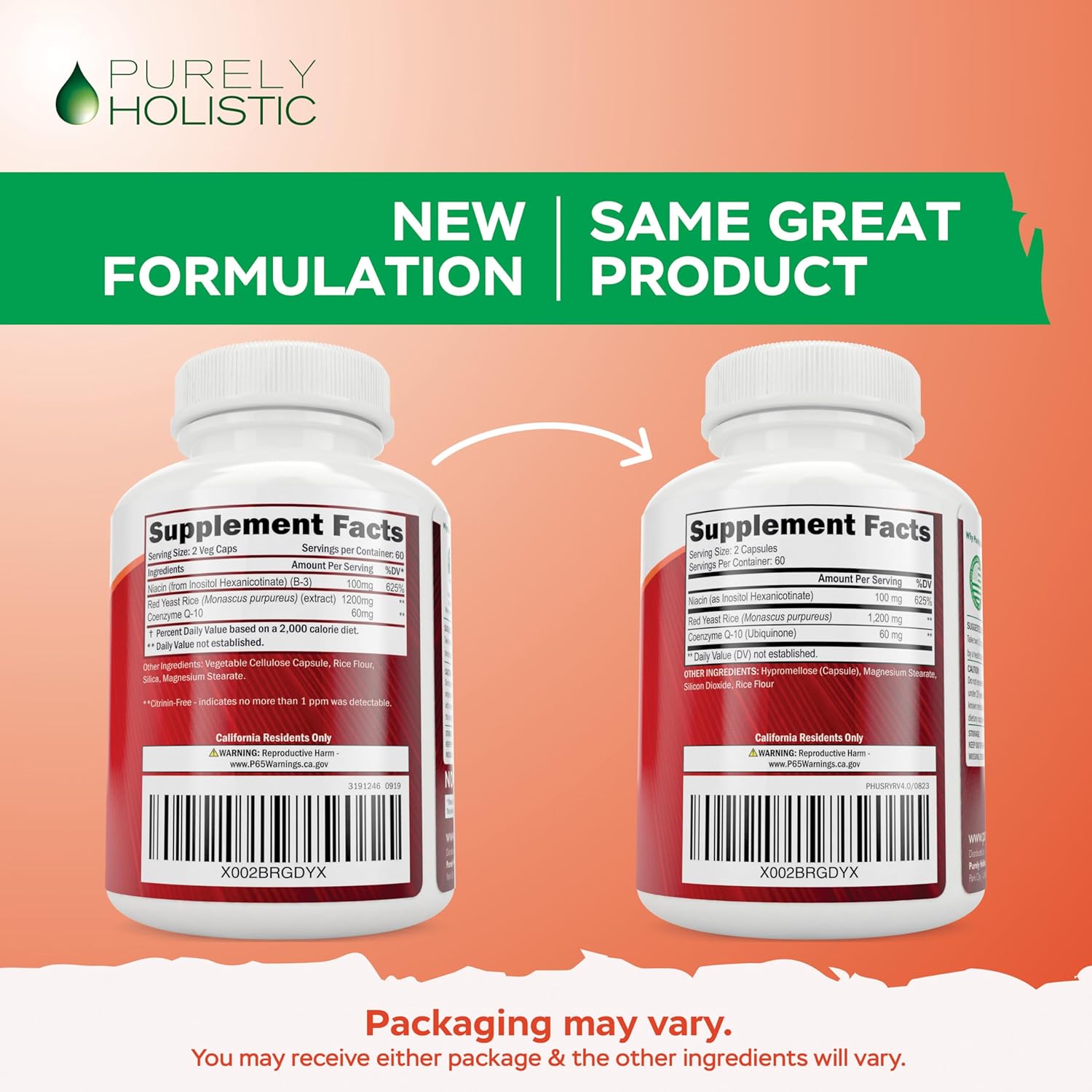 1200mg Red Yeast Rice with CoQ10 & Niacin Capsules - 120 Vegetarian, Non-Irradiated, Citrinin-Free