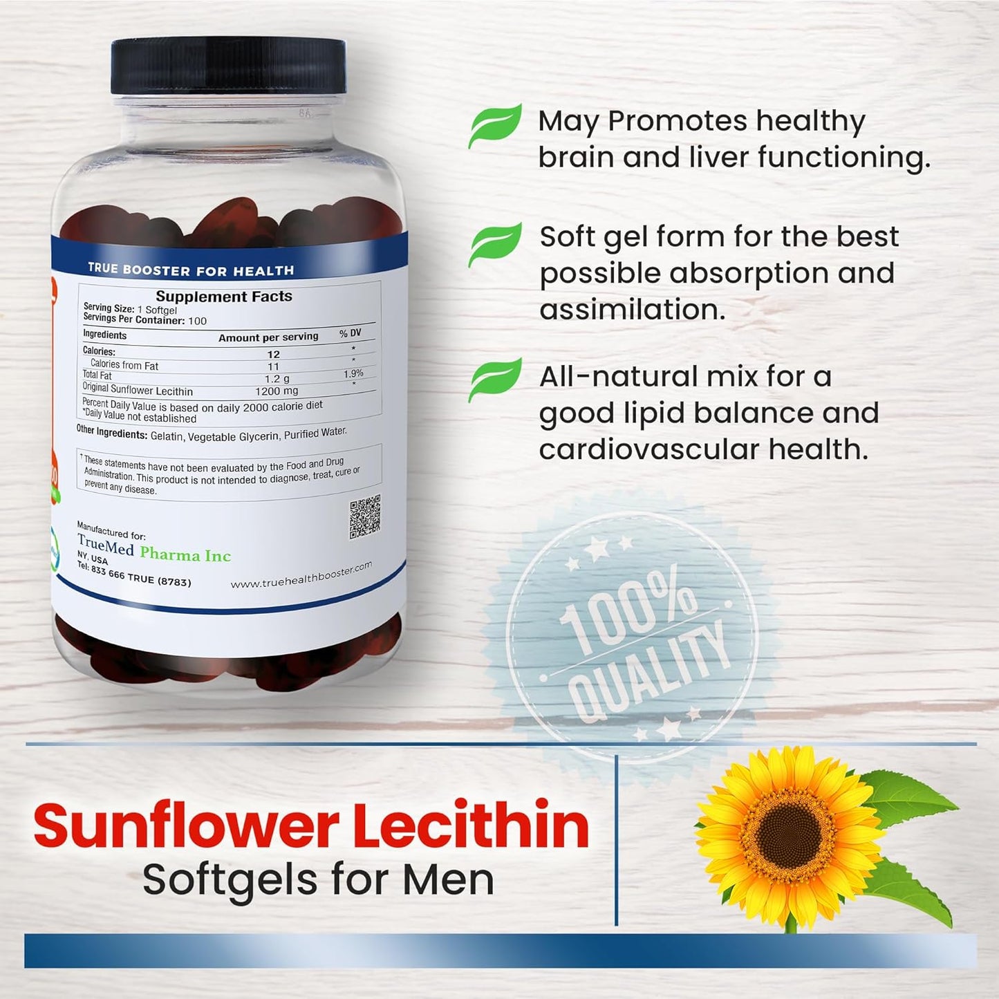 1200mg Sunflower Lecithin Softgels for Brain, Heart, Nerve, and Liver Support - Cognitive Function, Cholesterol, Cardiovascular Health - Non-GMO, High Absorption - 100 Count