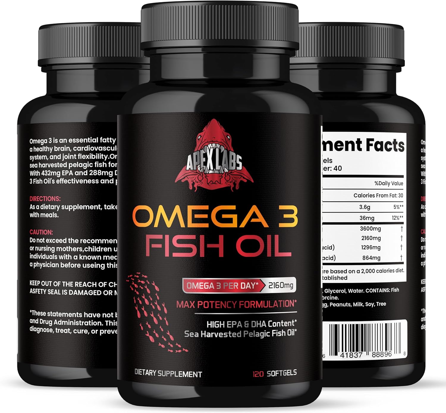 1200mg Triple Strength Omega 3 Fish Oil Supplement from Wild Alaska Pollock - Burpless, High EPA & DHA - 120 Softgels