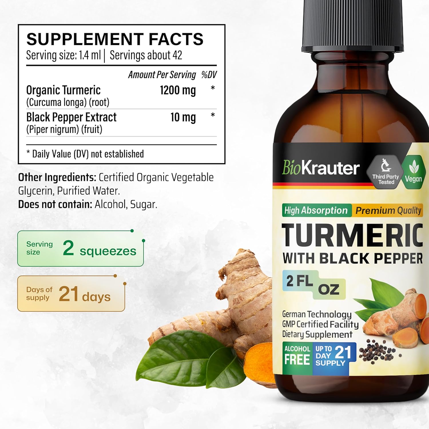 1200mg Turmeric Curcumin Tincture with Black Pepper Extract - Vegan Drops - Alcohol-Free - 2 Fl.Oz.
