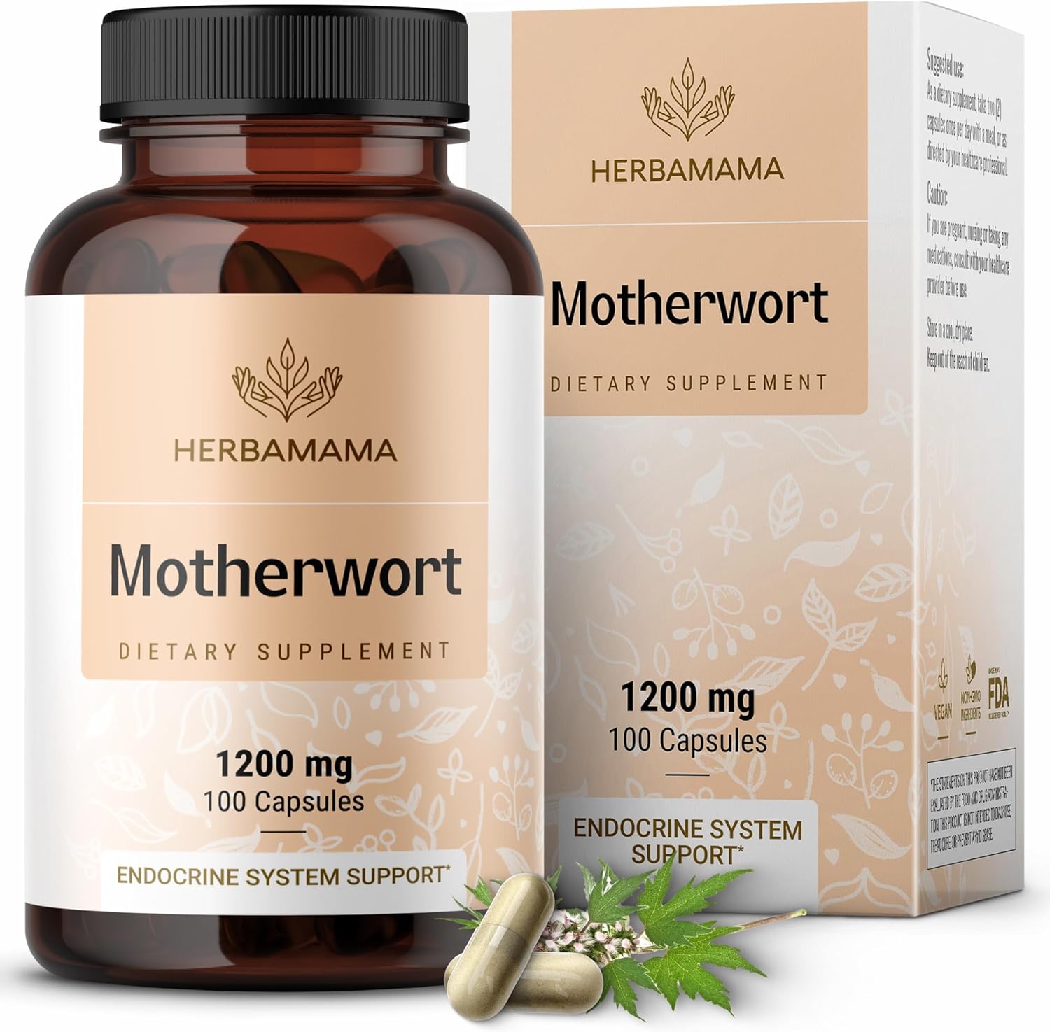 1200mg Vegan Motherwort Capsules for Women's Calm Support - Non-GMO Relaxation Supplement - 100 Capsuled by HERBAMAMA