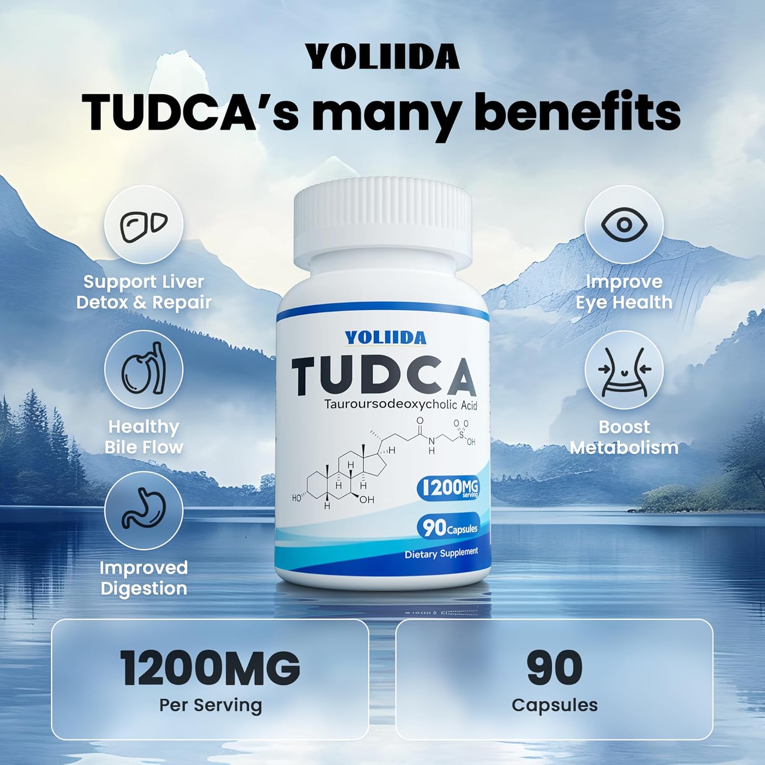 1200mg YOLIIDA Tudca Liver Supplement Capsules - Supports Liver Cleanse, Detox & Repair, Gallbladder Cleanse - 90 Count