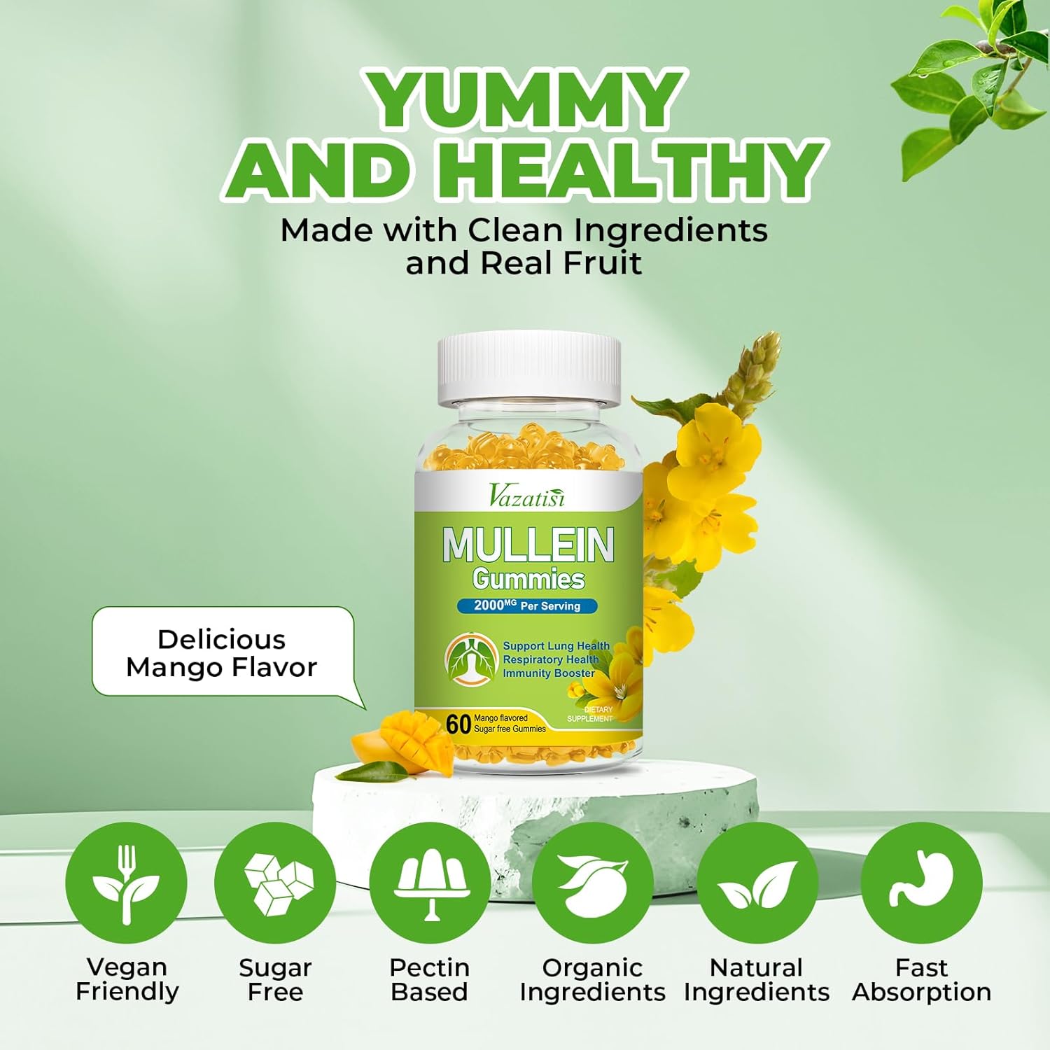 120ct Vazatisi Mullein Gummies with Bromelain, Quercetin, Pine Bark Extract for Lung Cleanse & Healthy Breathing