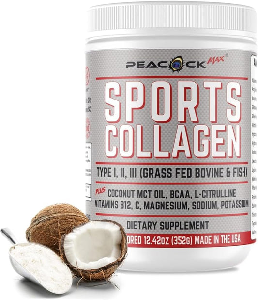 12.42 oz Peacock Max Sports Collagen Powder - Grass-Fed Bovine & Wild Fish Hydrolyzed Multi Collagen Peptides with BCAA, Magnesium, & Electrolytes