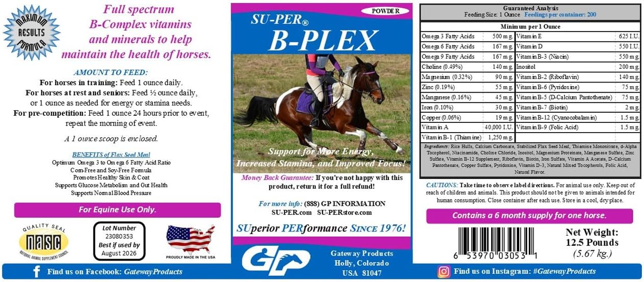 12.5 lb B-Complex Horse Vitamins & Minerals - Equine Supplement for Healthy Hooves, Red Blood Cells, and Calming - 6 Month Supply