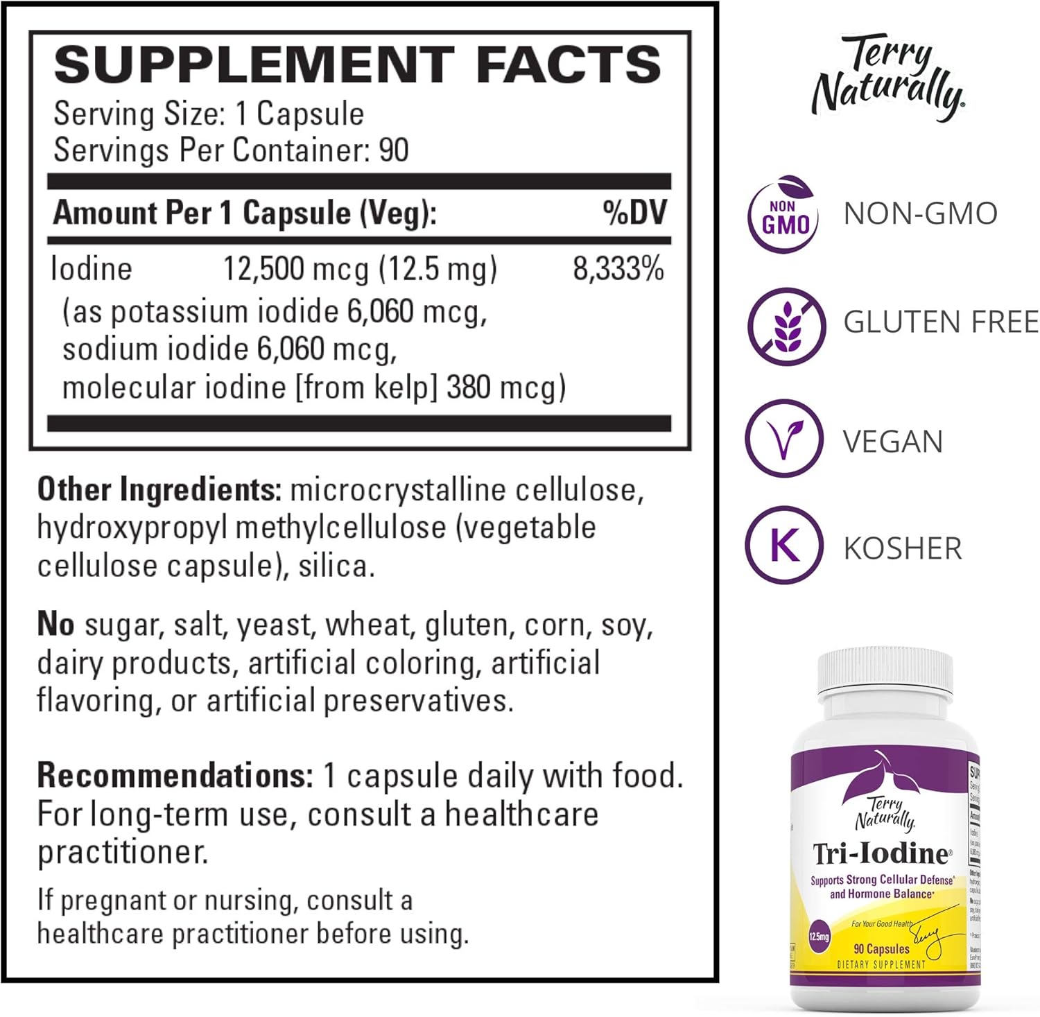 12.5 mg Tri-Iodine Capsules - 12500 mcg Iodine for Hormone Balance - Supports Breast & Prostate Health - Vegan, Non-GMO - 90 Servings