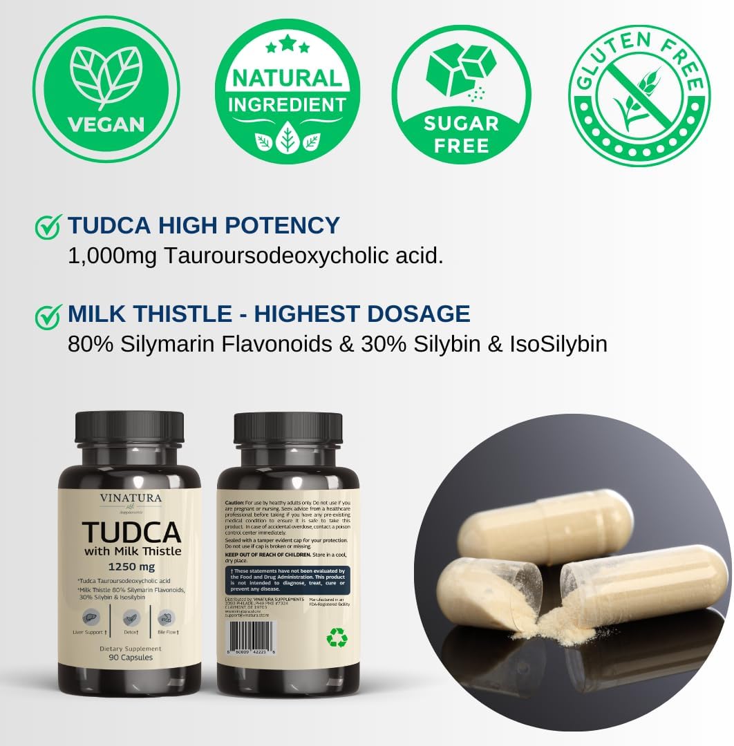 1250mg Tudca Milk Thistle Liver Support Capsules - USA Made and Tested Liver Health Supplement with Gallbladder Support - 90 Capsules