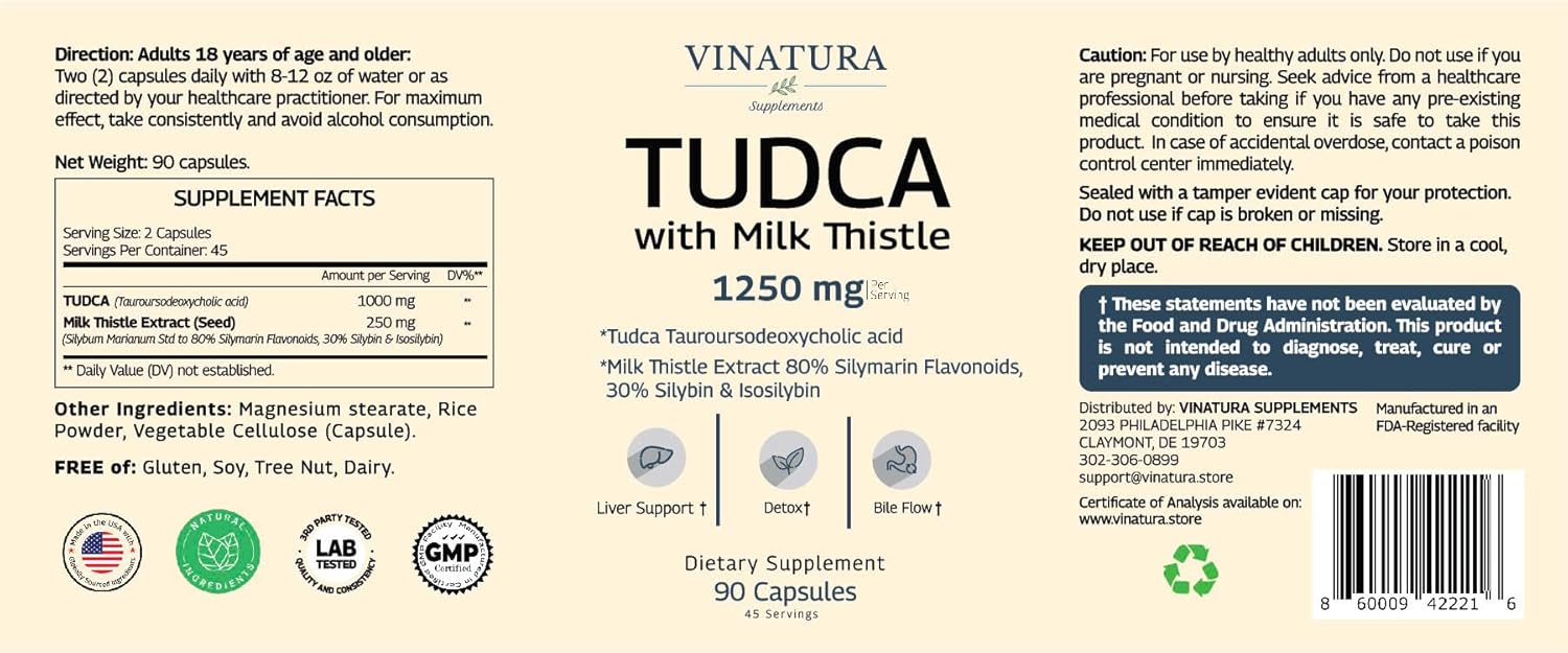1250mg Tudca Milk Thistle Liver Support Capsules - USA Made and Tested Liver Health Supplement with Gallbladder Support - 90 Capsules