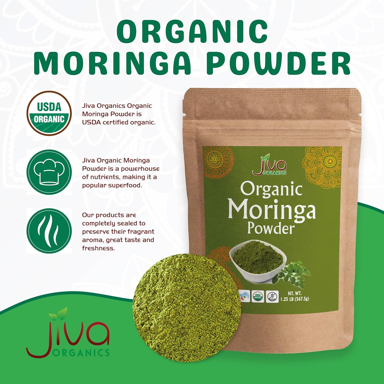 1.25LB Bulk Bag of Jiva Organics Moringa Powder - Organic Moringa Oleifera Leaf Powder for Immune Support and Healthy Hair - Superfoods for Moringa Tea and Drinks - Vegan and India Grown
