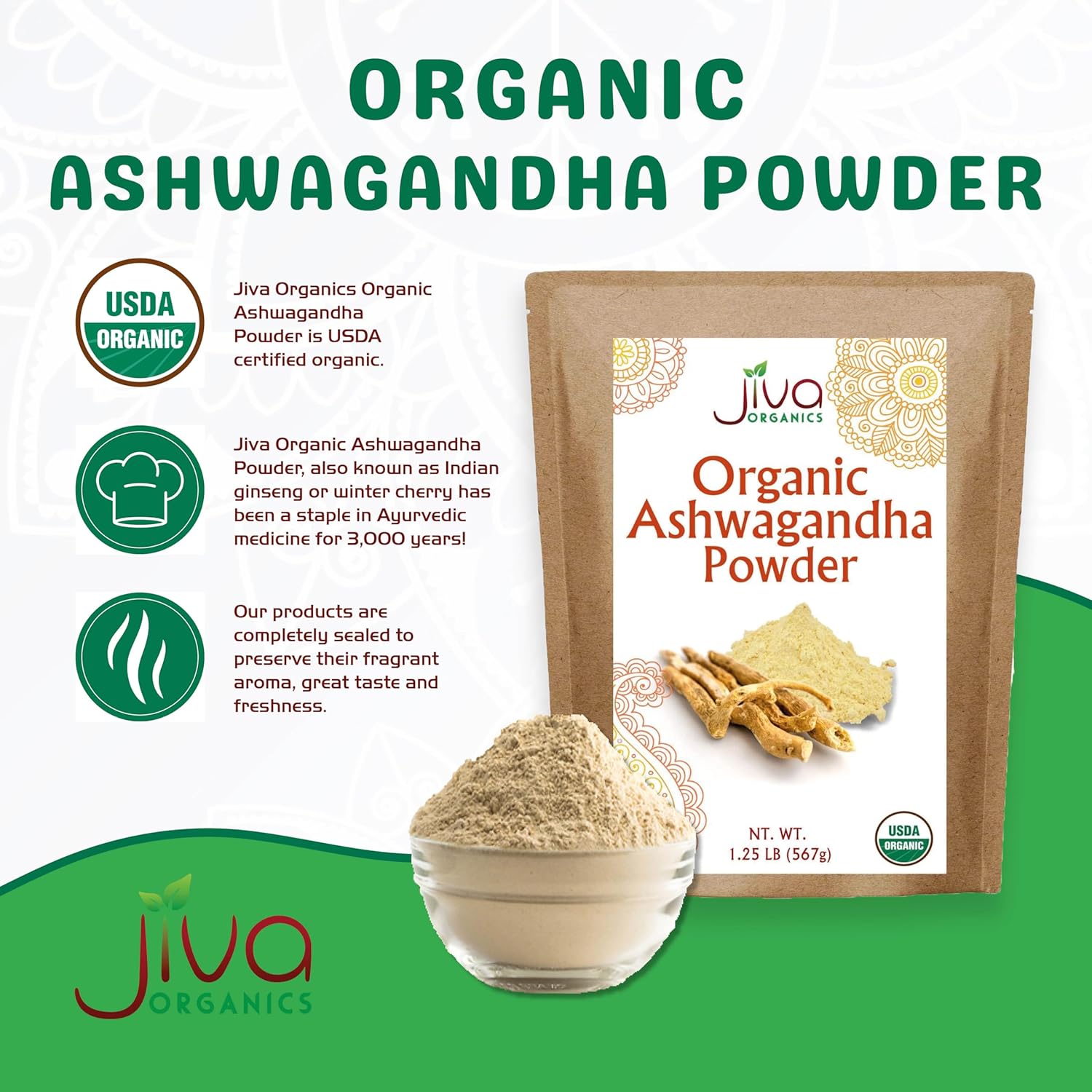 1.25lb Jiva Organics Ashwagandha Root Powder - Raw, Pure, Non-GMO, Lab Tested (20oz)