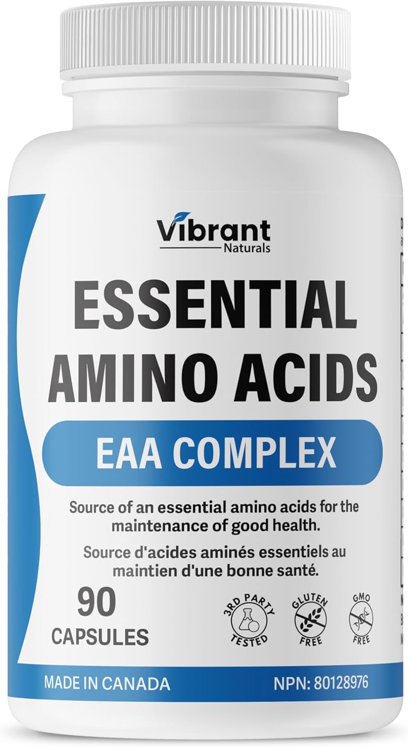 1270mg Essential Amino Acids Supplement with BCAA - Blend of 9 Essential Aminos, Leucine & Lysine - 90 Capsules, Made in Canada