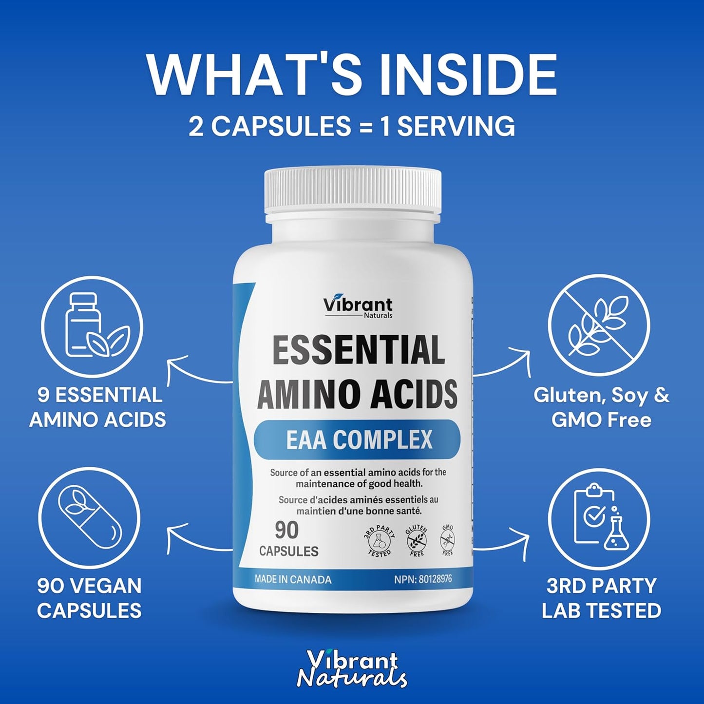 1270mg Essential Amino Acids Supplement with BCAA - Blend of 9 Essential Aminos, Leucine & Lysine - 90 Capsules, Made in Canada