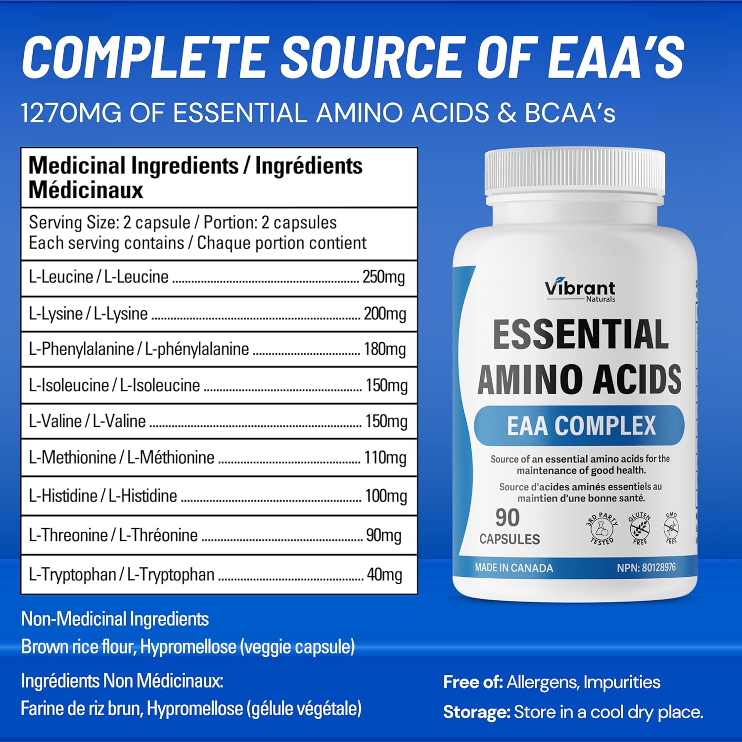 1270mg Essential Amino Acids Supplement with BCAA - Blend of 9 Essential Aminos, Leucine & Lysine - 90 Capsules, Made in Canada