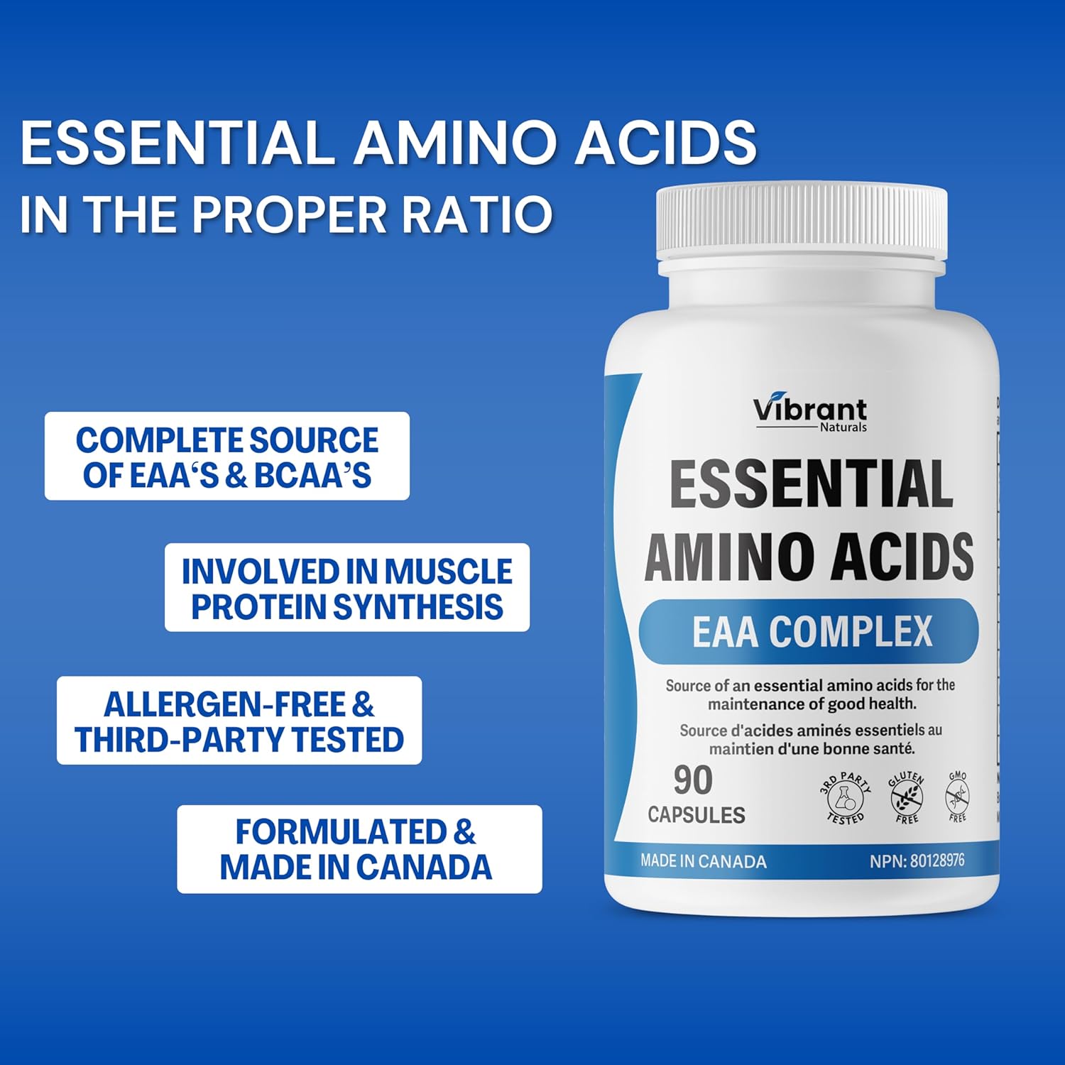 1270mg Essential Amino Acids Supplement with BCAA - Blend of 9 Essential Aminos, Leucine & Lysine - 90 Capsules, Made in Canada
