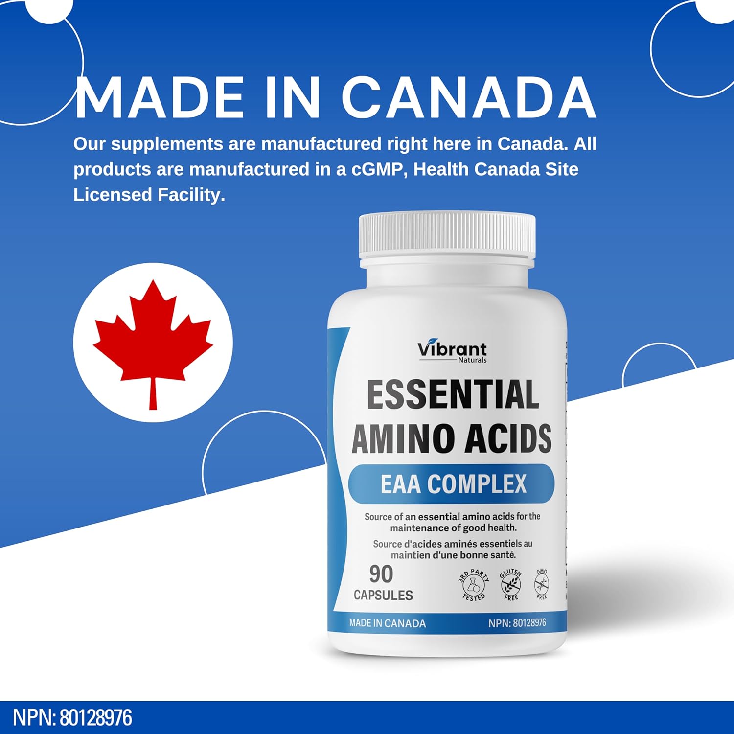 1270mg Essential Amino Acids Supplement with BCAA - Blend of 9 Essential Aminos, Leucine & Lysine - 90 Capsules, Made in Canada