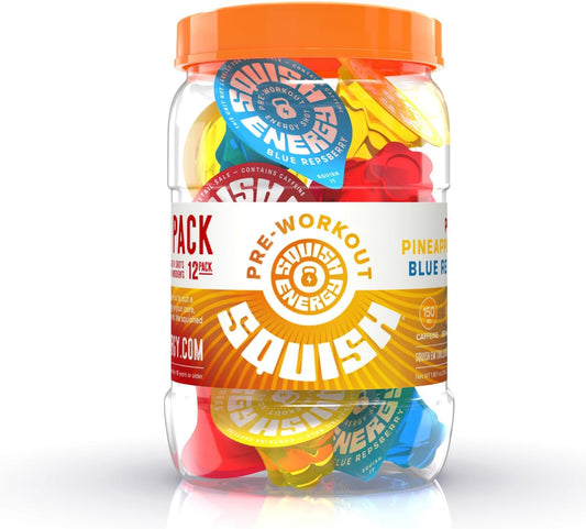 12ct Jar of Squish Pre Workout Energy Shots with Beta-Alanine, Citrulline, Caffeine, L-Theanine, Alpha-GPC for Enhanced Workouts in Blue Repsberry, Pineapple Press, PR Punch Flavors