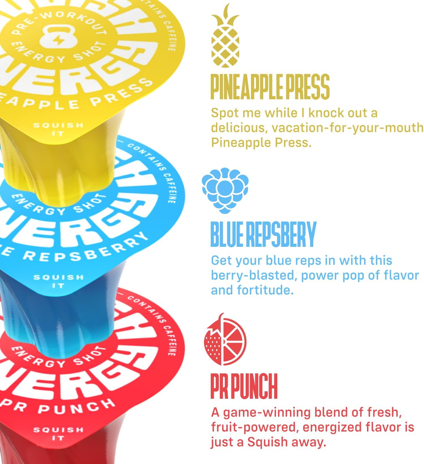 12ct Jar of Squish Pre Workout Energy Shots with Beta-Alanine, Citrulline, Caffeine, L-Theanine, Alpha-GPC for Enhanced Workouts in Blue Repsberry, Pineapple Press, PR Punch Flavors