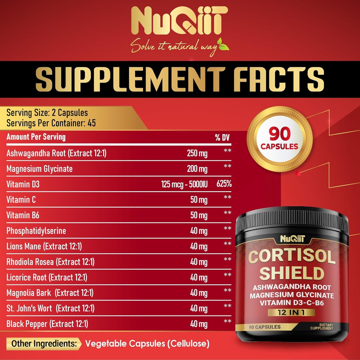 12in1 Cortisol Shield Supplement with Ashwagandha, Magnesium, and 10 Other Ingredients - 90 Capsules