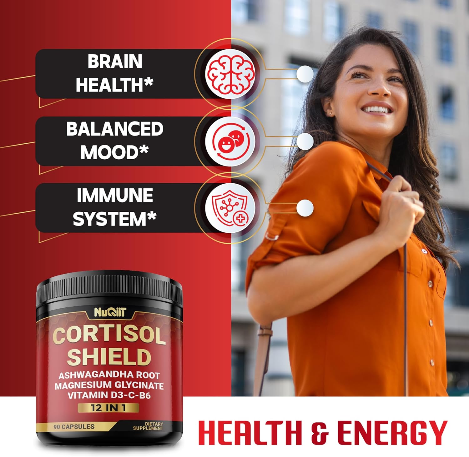 12in1 Cortisol Shield Supplement with Ashwagandha, Magnesium, and 10 Other Ingredients - 90 Capsules