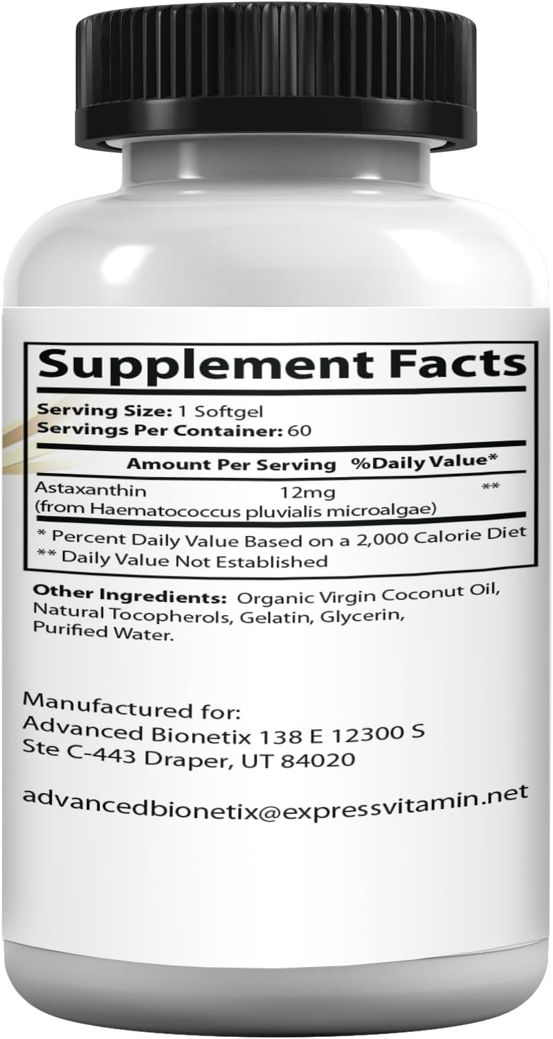 12mg AstaQuil™ Astaxanthin Softgels with Coconut Oil for Enhanced Absorption - Advanced Triple Strength Formula for Eye, Joint, & Heart Health