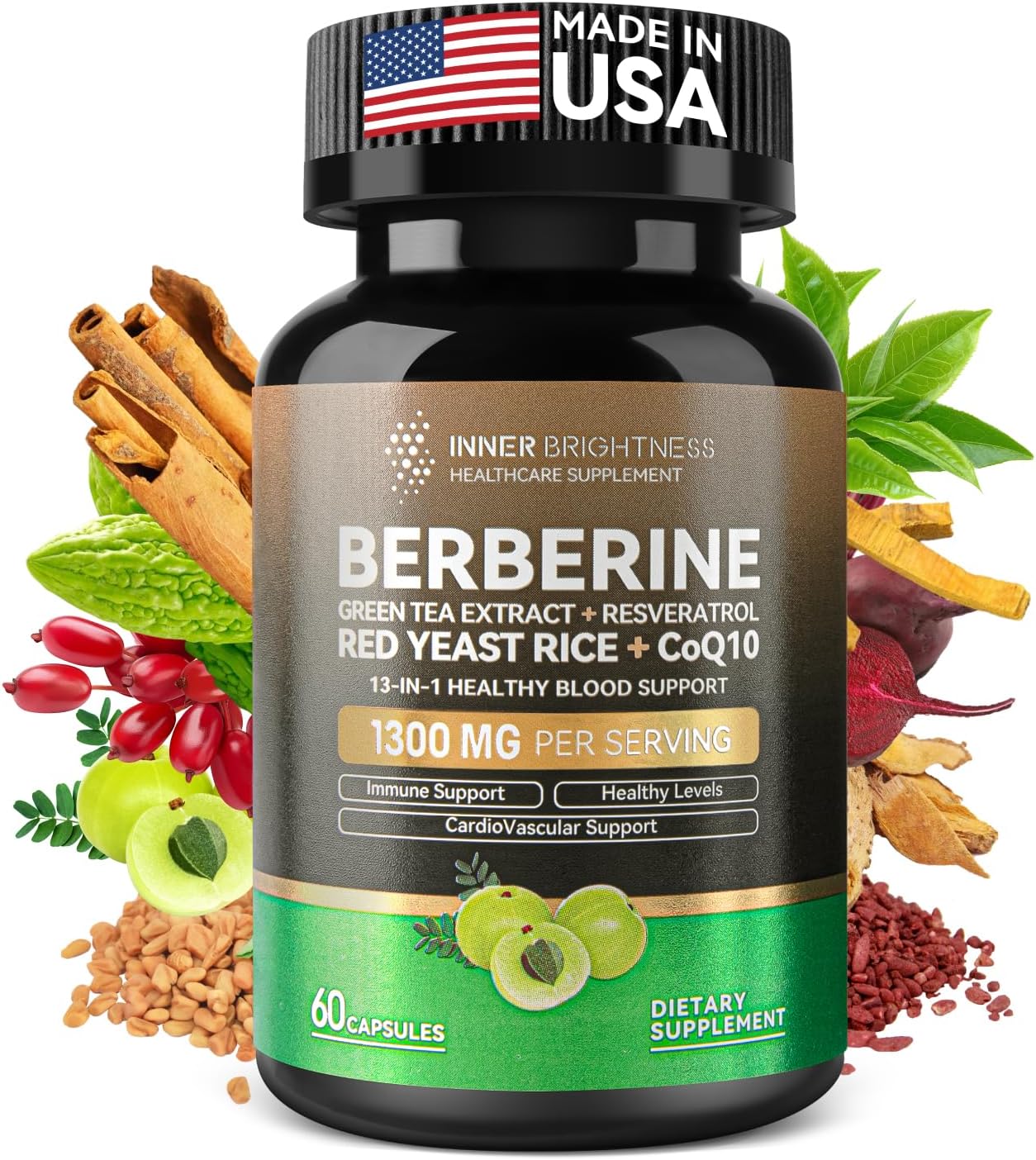13-in-1 Immune Health & Metabolic Support Supplement - Berberine 1300mg with Green Tea Extract, Resveratrol, Red Yeast Rice & CoQ10 - 60 Capsules, Non-GMO, Lab Tested