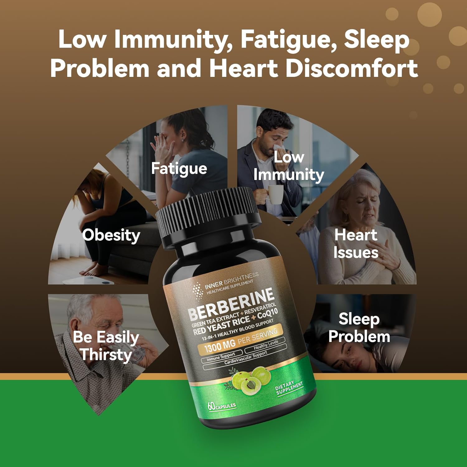 13-in-1 Immune Health & Metabolic Support Supplement - Berberine 1300mg with Green Tea Extract, Resveratrol, Red Yeast Rice & CoQ10 - 60 Capsules, Non-GMO, Lab Tested
