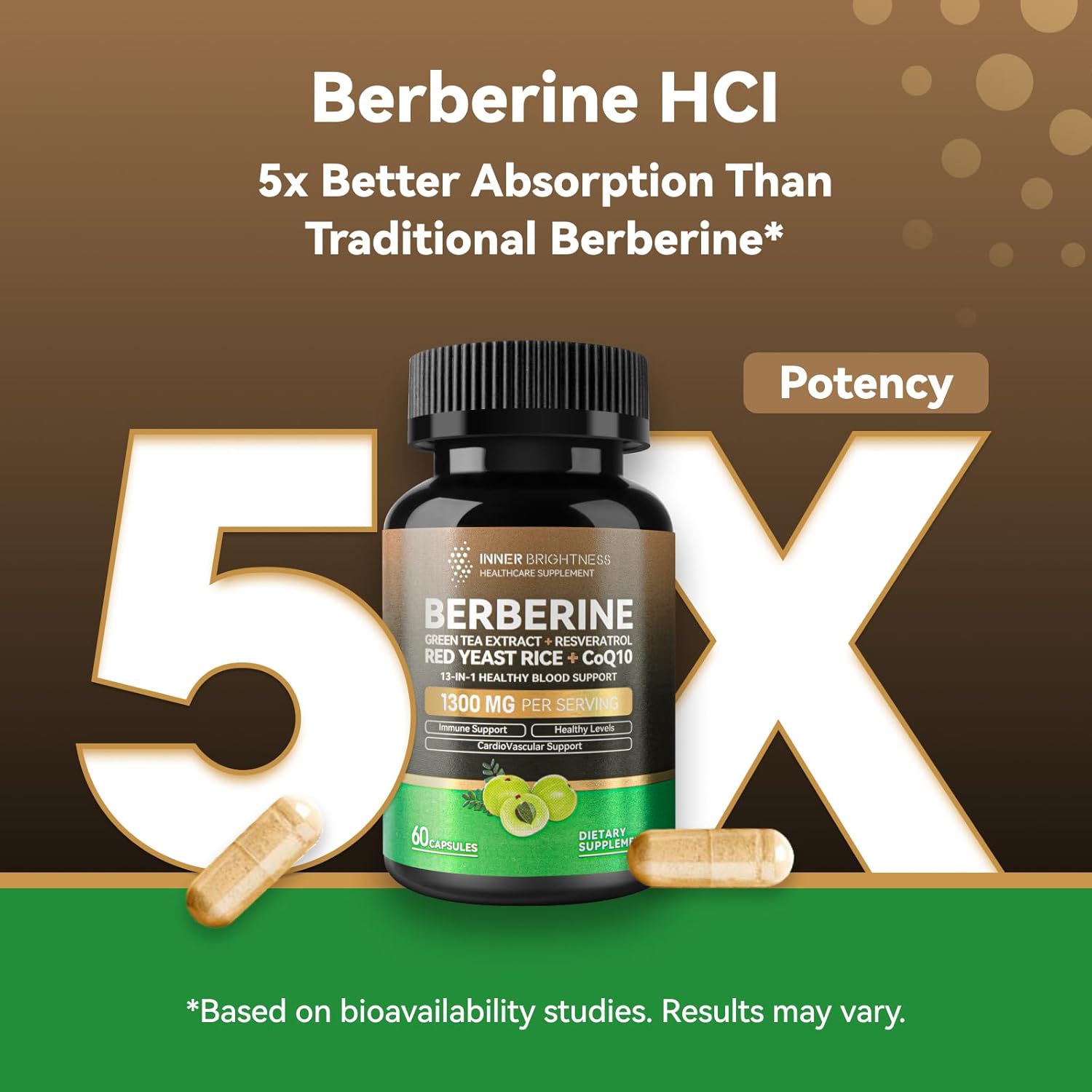 13-in-1 Immune Health & Metabolic Support Supplement - Berberine 1300mg with Green Tea Extract, Resveratrol, Red Yeast Rice & CoQ10 - 60 Capsules, Non-GMO, Lab Tested