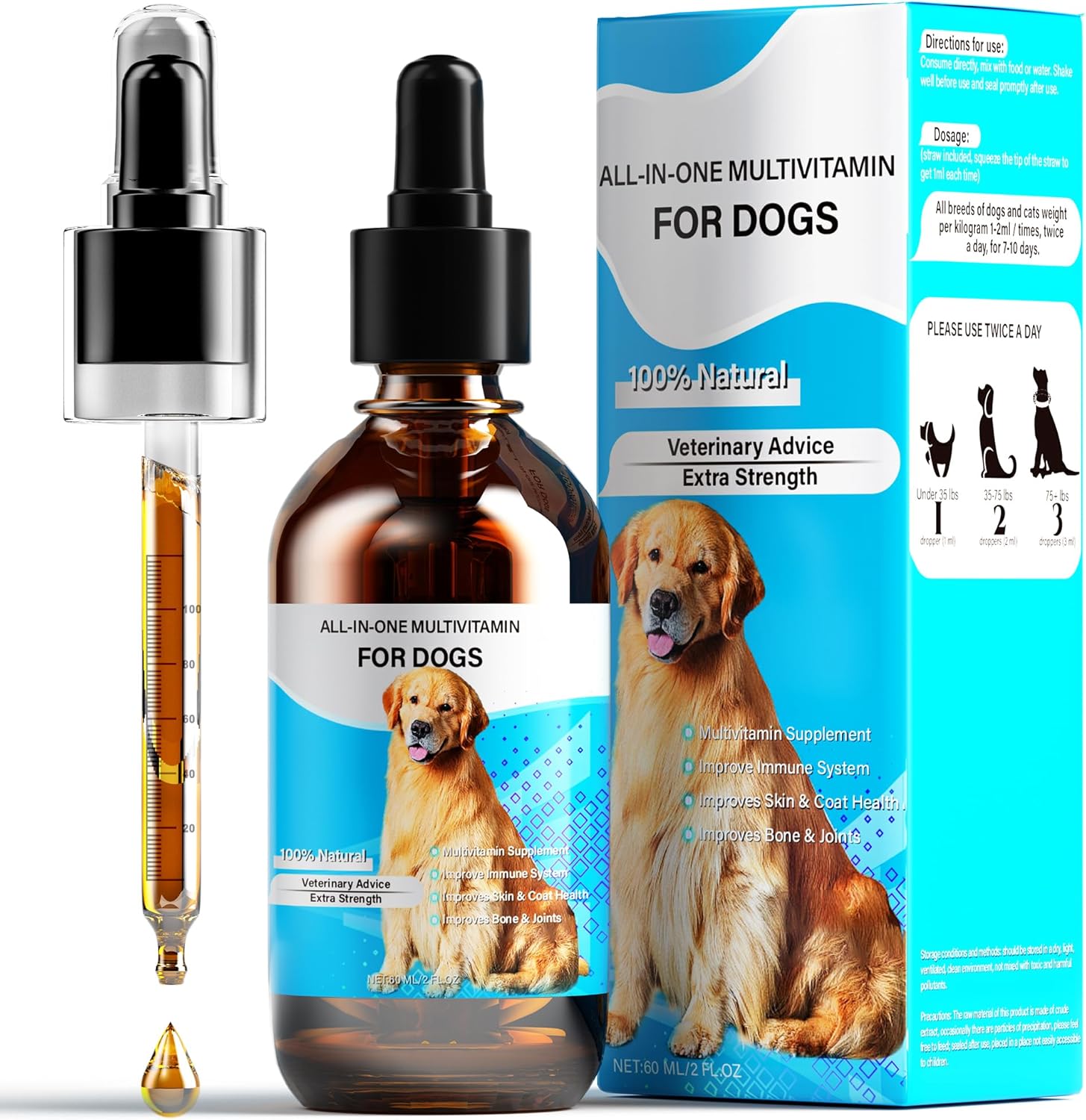 13-In-1 Liquid Dog Multivitamin for Digestive, Immune, Skin, Coat, Bone & Joint Health - 60 Ml Nature Pet Vitamins - All Age Breed Size
