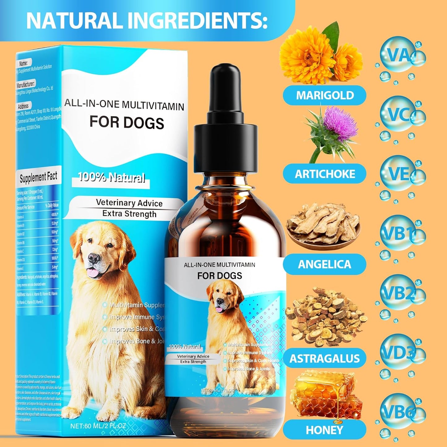 13-In-1 Liquid Dog Multivitamin for Digestive, Immune, Skin, Coat, Bone & Joint Health - 60 Ml Nature Pet Vitamins - All Age Breed Size
