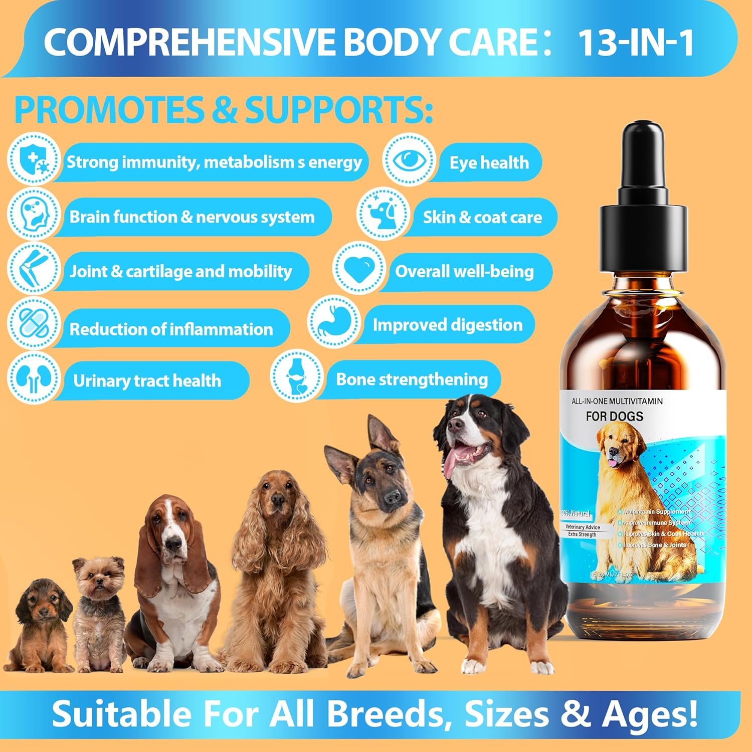 13-In-1 Liquid Dog Multivitamin for Digestive, Immune, Skin, Coat, Bone & Joint Health - 60 Ml Nature Pet Vitamins - All Age Breed Size