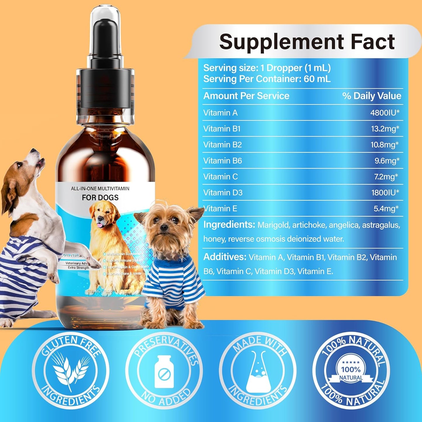 13-In-1 Liquid Dog Multivitamin for Digestive, Immune, Skin, Coat, Bone & Joint Health - 60 Ml Nature Pet Vitamins - All Age Breed Size