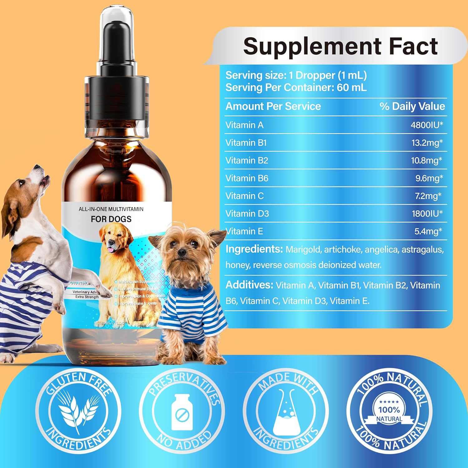 13-In-1 Liquid Dog Multivitamin for Digestive, Immune, Skin, Coat, Bone & Joint Health - 60 Ml Nature Pet Vitamins - All Age Breed Size