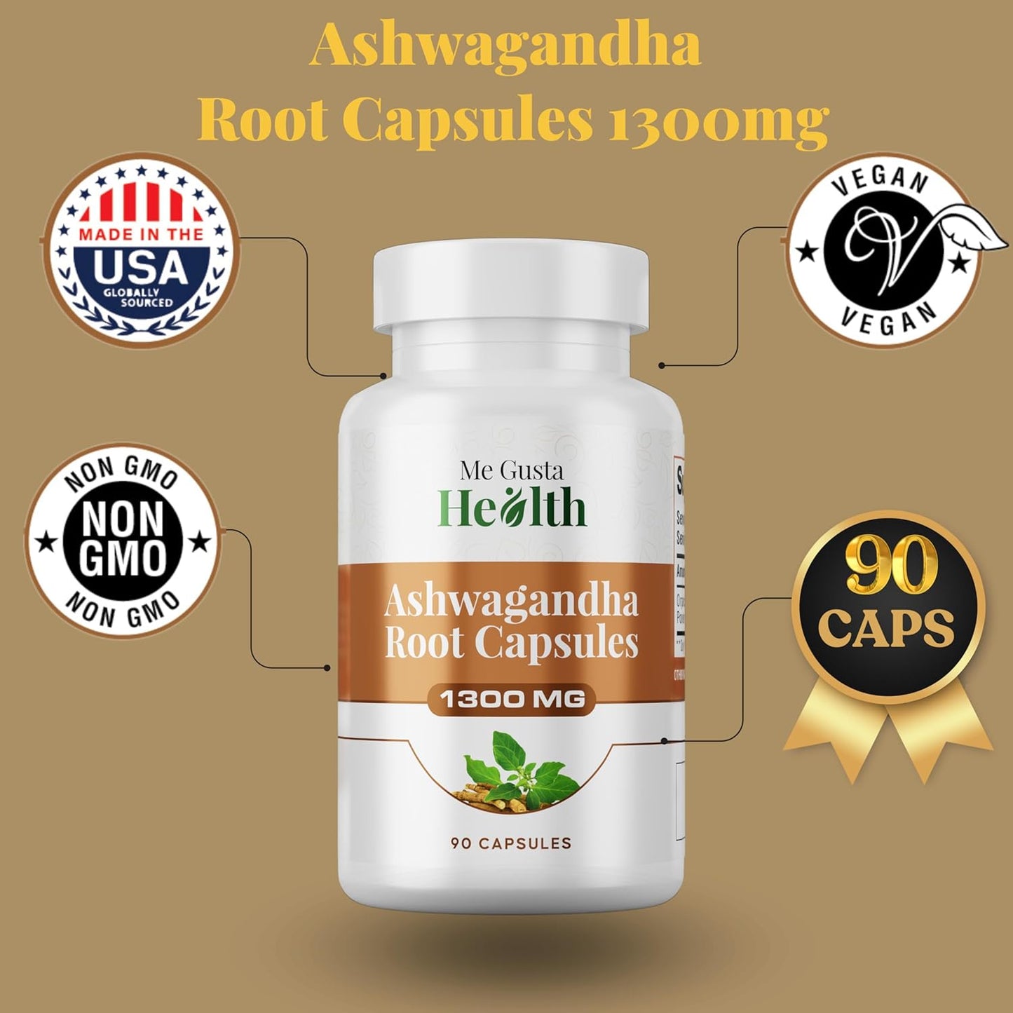 1300mg Ashwagandha Root Powder Capsules for Metabolism, Immune & Mood Support - 90 Capsules