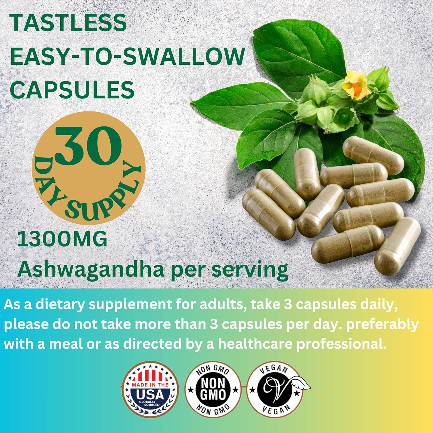 1300mg Ashwagandha Root Powder Capsules for Metabolism, Immune & Mood Support - 90 Capsules