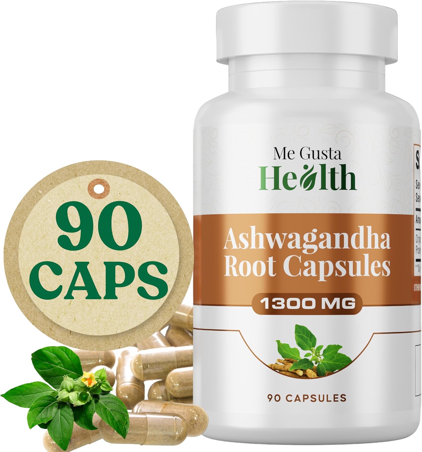 1300mg Ashwagandha Root Powder Capsules for Metabolism, Immune & Mood Support - 90 Capsules