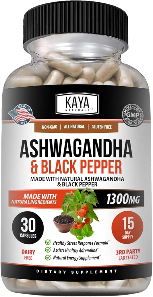 1300mg Maximum Strength Organic Ashwagandha Root with Black Pepper Supplement for Mood, Energy, and Vitality