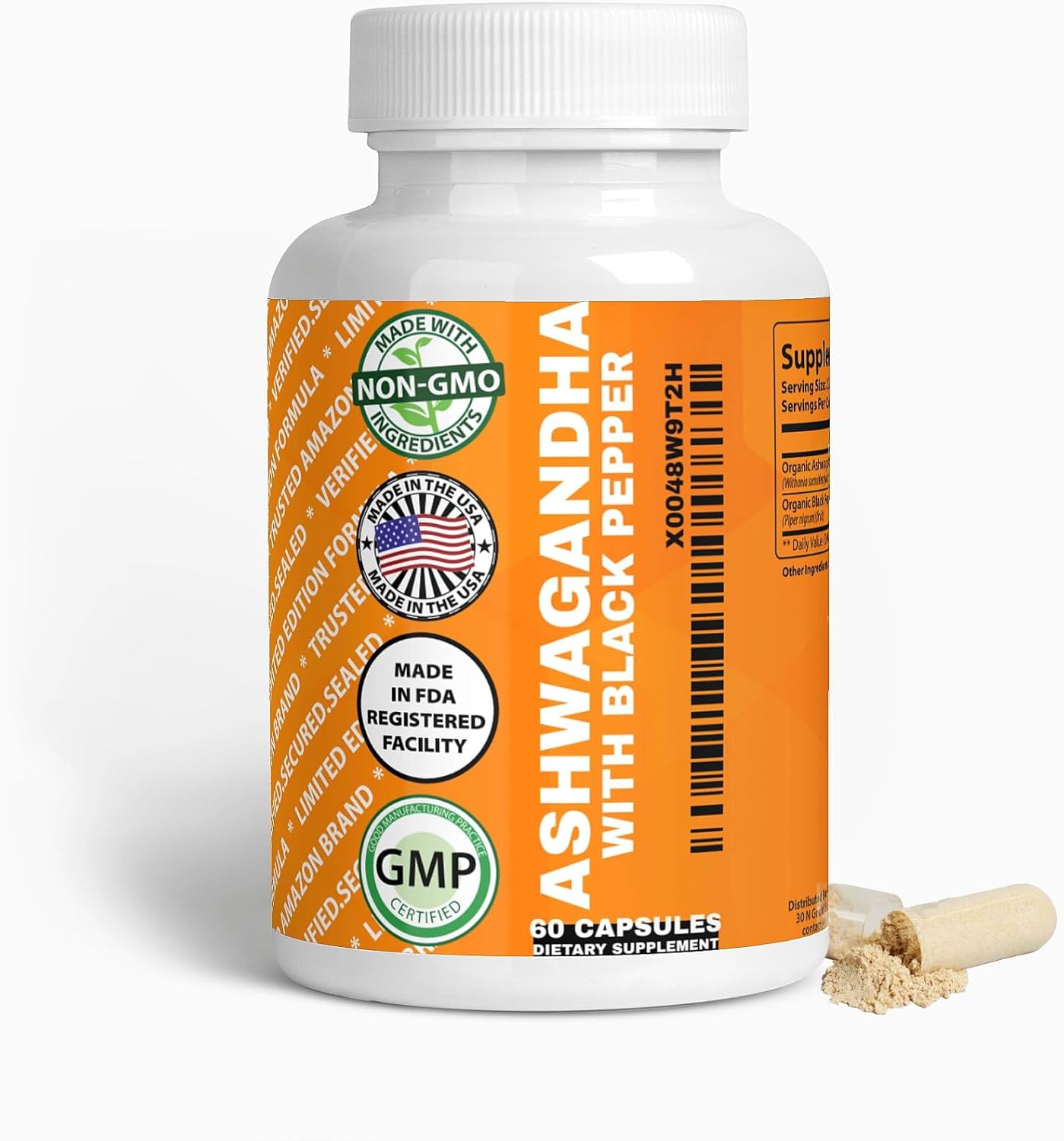 1300mg Organic Ashwagandha & Black Pepper Capsules - 60 Count, Immunity & Mood Booster