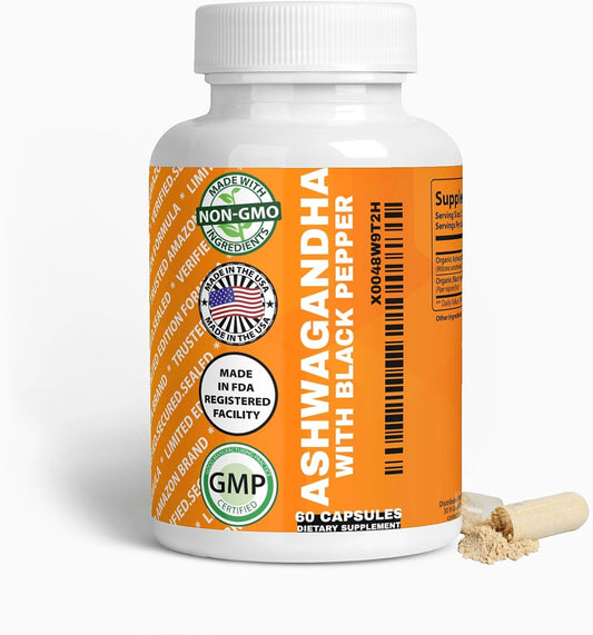 1300mg Organic Ashwagandha & Black Pepper Capsules - 60 Count, Immunity & Mood Booster