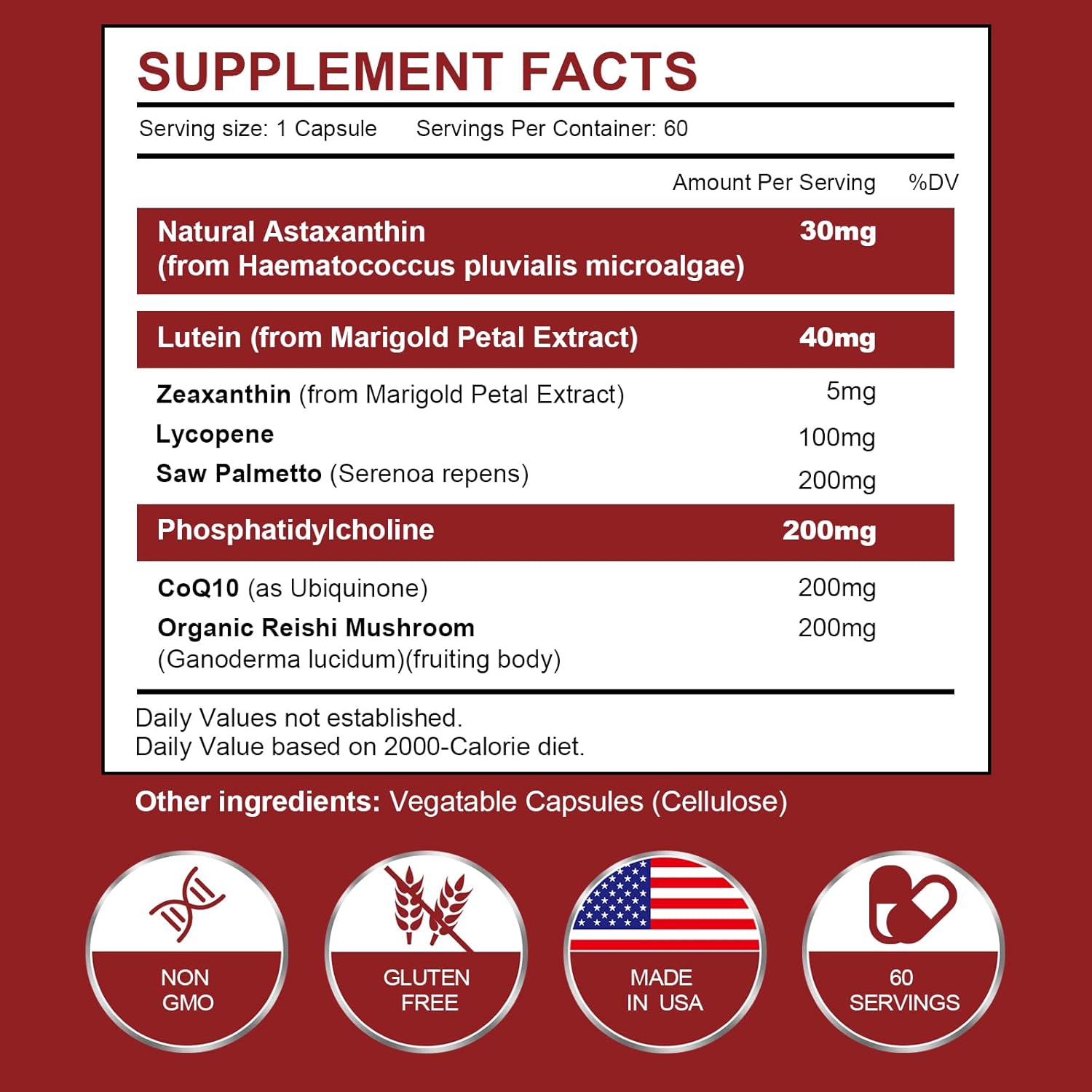 130mg Astaxanthin and Lycopene Supplement with Phosphatidylcholine, Lutein, Zeaxanthin - 180 Capsules