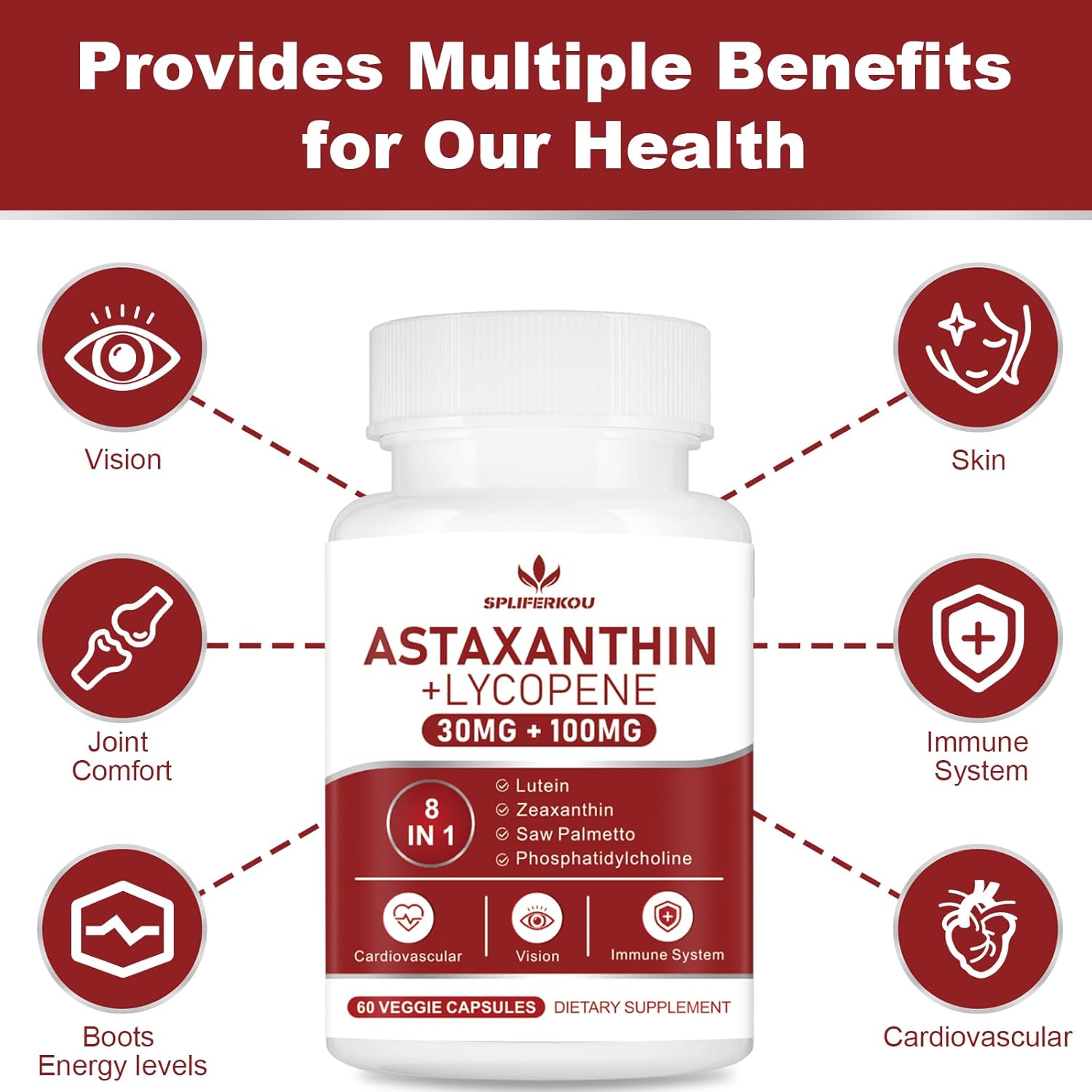 130mg Astaxanthin and Lycopene Supplement with Phosphatidylcholine, Lutein, Zeaxanthin - 180 Capsules