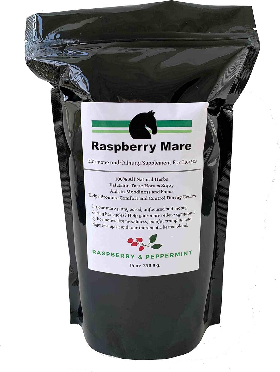 14 oz Raspberry Mare Hormone & Calming Supplement for Horses - All Natural Blend of Raspberry & Peppermint Leaf