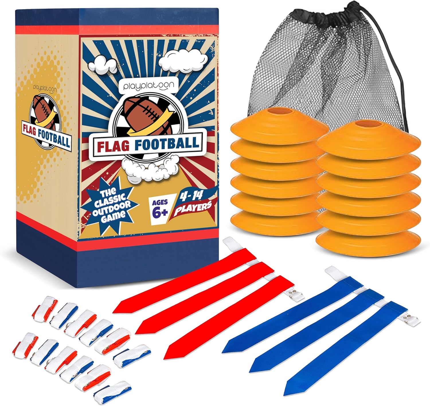 14 Player Flag Football Set with Adjustable Belts, 42 Flags, 12 Cone Markers & Mesh Bag - Youth & Adult Sizes