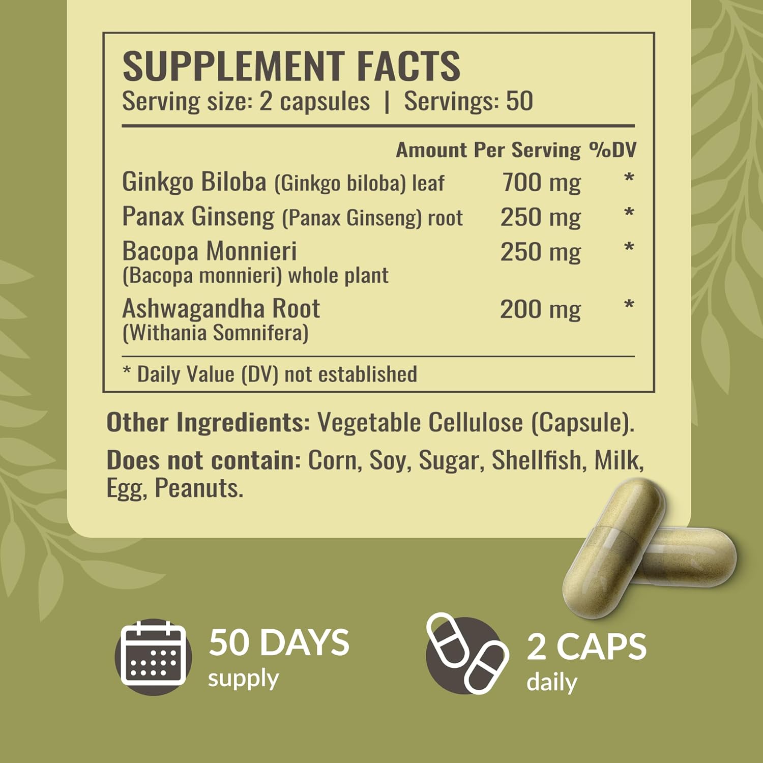 1400mg Brain Support Capsules with Bacopa, Panax Ginseng, and Ginkgo Biloba - Vegan and Non-GMO Focus Supplement for Adults - 100 Capsules by HERBAMAMA