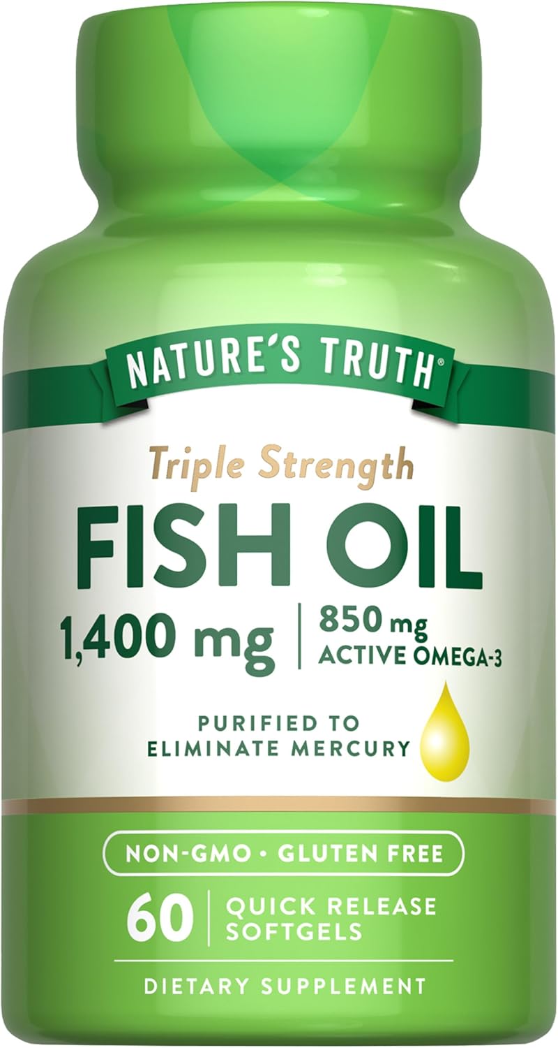 1400mg Triple Strength Fish Oil Softgels with Active Omega 3 - 60 Count - Non-GMO & Gluten Free